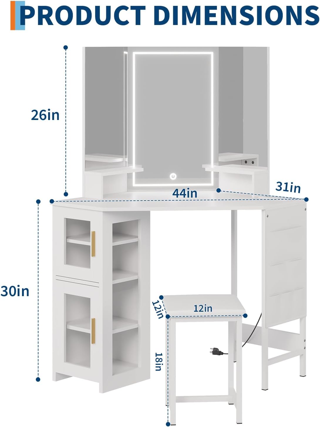 Corner Makeup Vanity Desk with Mirror Lights, Dimmable LED Vanity & USB Charging Station, Storage Cabinet & Stool, Adjustable Shelf, Bedroom Vanity for Women Girls, White