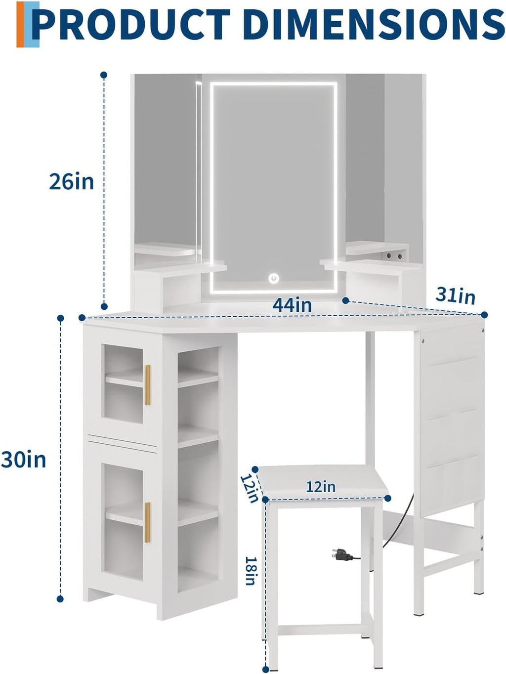IDEALHOUSE Vanity Desk with Mirror and Lights, 3-Fold Vanity Mirror with Lights Makeup Vanity with Charging Station, Corner Vanity with Acrylic Door Cabinet, Hanging Storage Bag & Stool, White