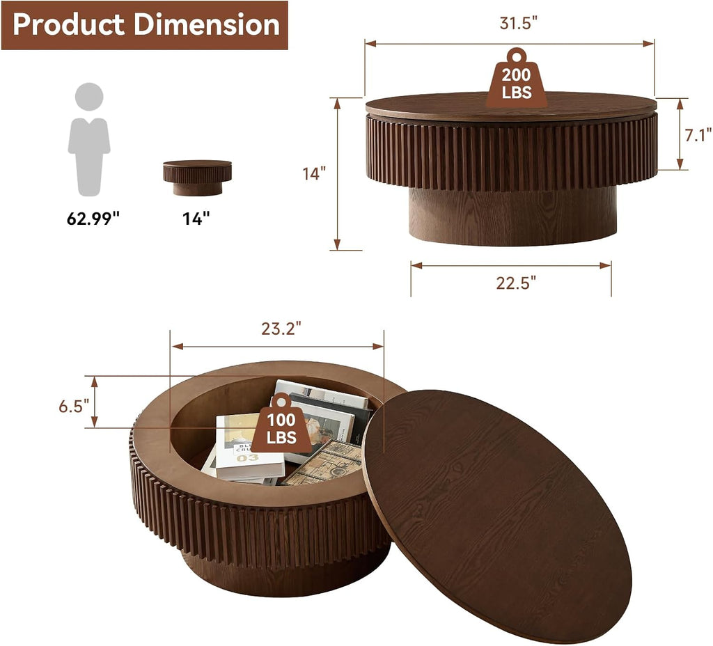 Round Coffee Table for Living Room,Fluted Drum Accent Tea Center Table with Storage,Circle Modern Coffee Tables for Small Space Office Apartment (31.5' L×31.5''W×14''H-Walnut)