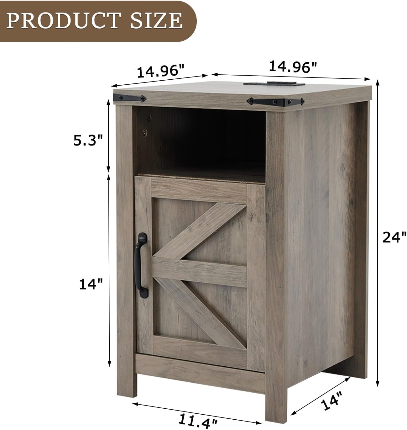 Farmhouse Nightstand Set of 2 with Charging Station, Modern Bedside Table with Barn Door and Shelf, Sofa Side Table End Table for Bedroom, Living Room, Grey