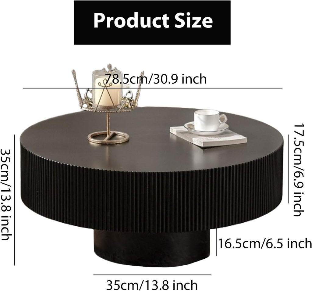 Round Fluted Coffee Table Mid Century Modern Coffee Tables with Handcrafted Relief Circle Drum End Table Rustic Industrial Center Tables for Apartment Living Room (Black Round Thick)