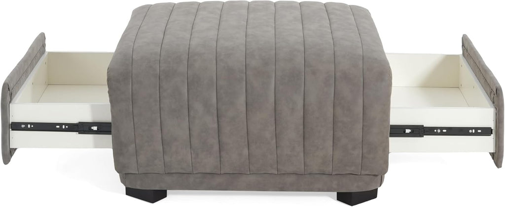 Christopher Knight Home Reyno Upholstered Ottoman with Storage for Living Room, Faux Leather Storage Ottoman Foot Rest with Side Drawers, Modern Square Coffee Table with Wooden Frame, Grey