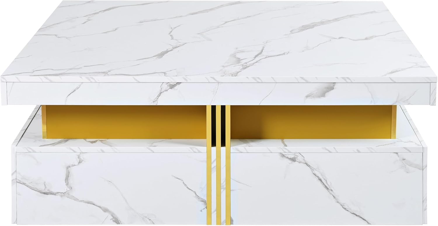 GDFStudio Barsv Modern Square Coffee Table with 4 Drawers, Stylish Storage Accent Table, Living Room Furniture with Ample Space, Remote Control Organizer, Glam Home Decor, White + Gold
