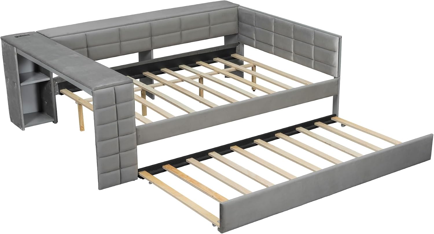 SOFTSEA Full Size Daybed with Trundle & Desk, Velvet Corner Bed with USB Ports, Storage Shelves for Living Room Bedroom, L-Shaped Day Bed Frame with Trundle for Kids Teens Adults, Grey