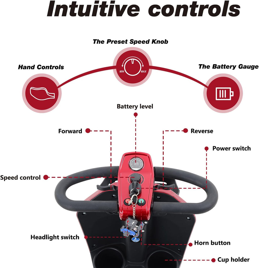 Mobility Scooters for Seniors & Adults 400 Lb Weight Foldable,All-Terrain Heavy Duty 4 Wheel Powered Scooter,Portable Disability Mobile Electric Wheelchair with Comfort Seat,15Miles,5MPH,red