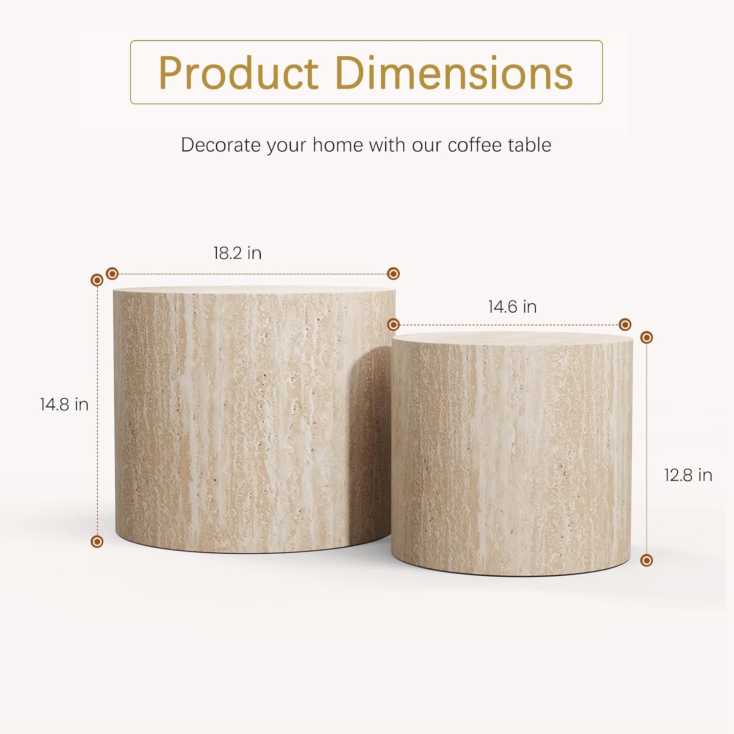 Round Coffee Table Set of 2 Modern Nesting Coffee Tables Wooden Drum Coffee Tables with Non-Slip Feet, Circle Nesting Tables End Table for Living Room Office, No Assembly (Travertine 18.11'+14.57')