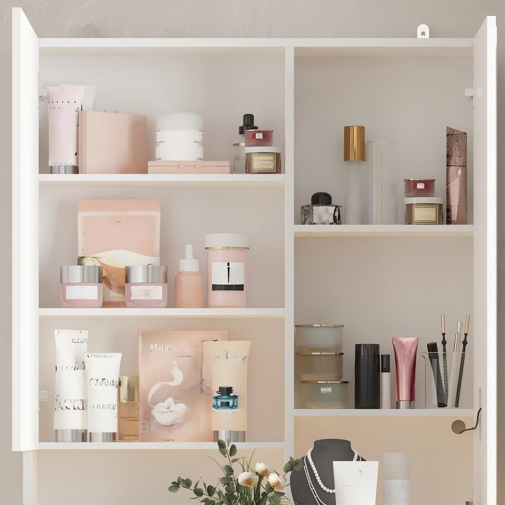 Vanity Desk with Mirror and Lights, Makeup Vanity with Drawers and Hidden Shelves, Full Length LED Mirror, Bedroom Dressing Table with Sliding Top, Grid Drawer, White, 19.7'D x 31.5'W x 63'H