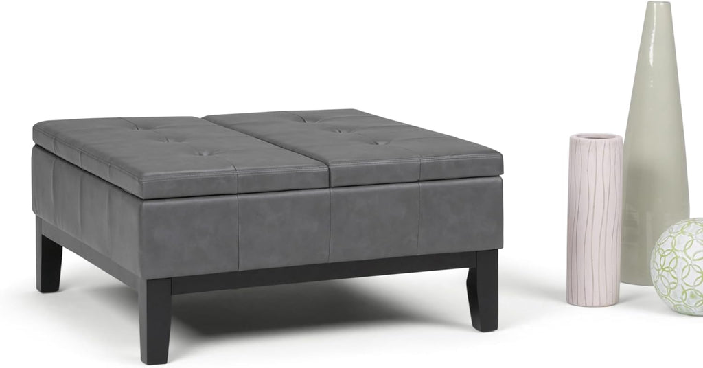 SIMPLIHOME Dover 36 inch Wide Contemporary Square Coffee Table Storage Ottoman in Stone Grey Vegan Faux Leather, Assembled, For the Living Room and Bedroom