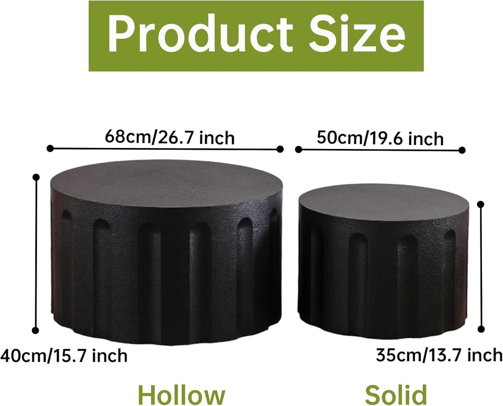 Round Nesting Coffee Table Modern Black Fluted Coffee Table Set of 2 Stripe Round Coffee Tables Drum Crescent Side Table Accent End Table for Living Room (Black D Large)