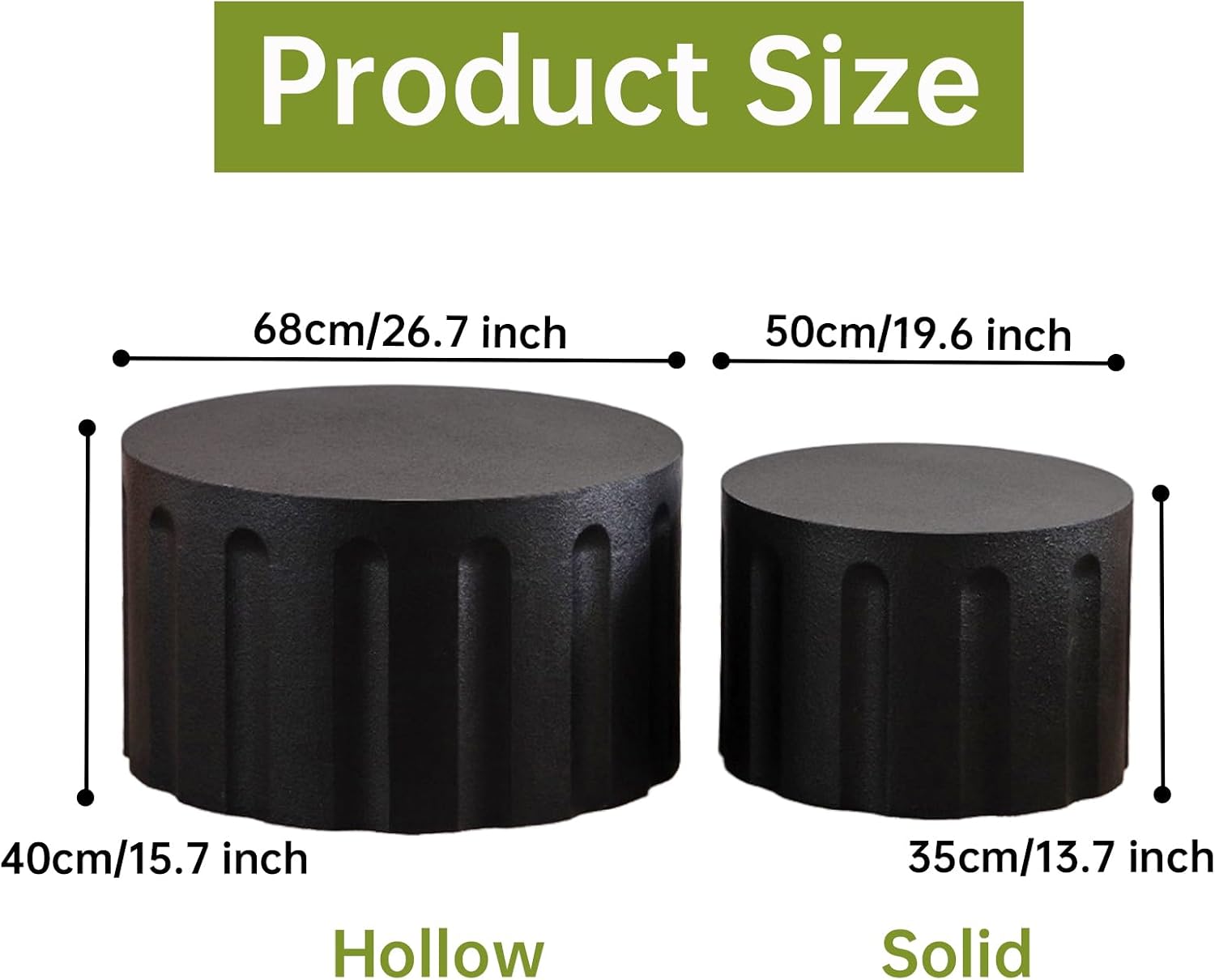 Round Nesting Coffee Table Modern Black Fluted Coffee Table Set of 2 Stripe Round Coffee Tables Drum Crescent Side Table Accent End Table for Living Room (Black D Large)