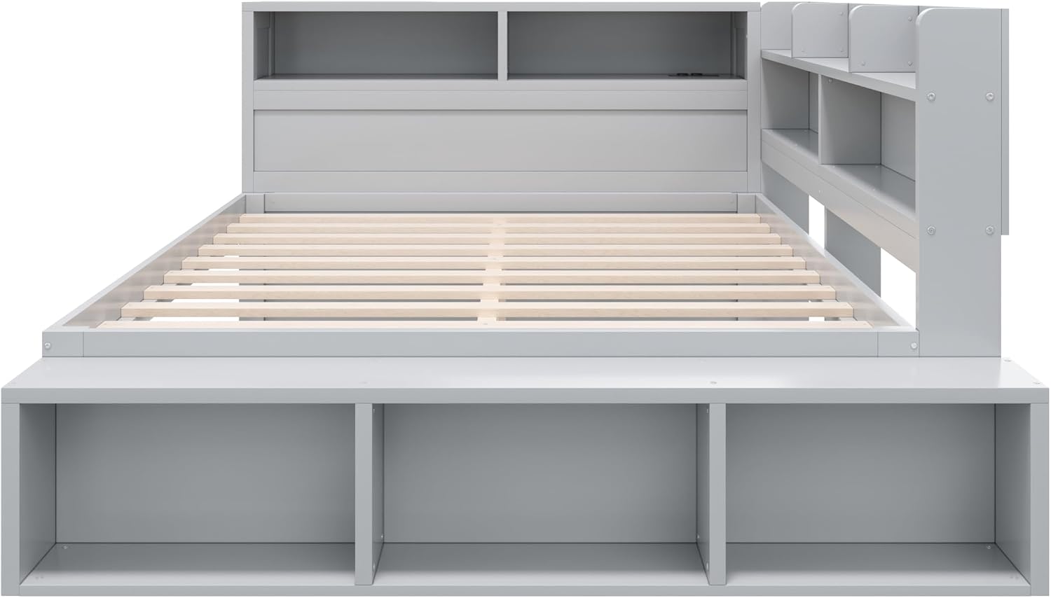 RuiSiSi Full Size Corner Bed with Bookcase, L-Shaped Daybed with Shoe Cabinets & USB Ports, Wood Full Corner Daybed Frame for Kids Teens Guest Room Bedroom, Grey