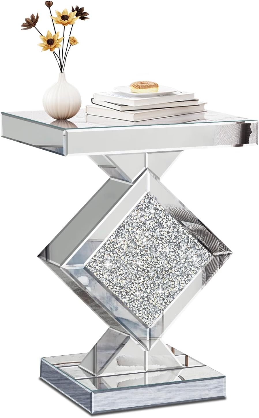 Crushed Diamond Mirrored End Table, Silver Side Accent Table, Small Mirrored Coffee Table for Living Room, Bedroom, 16'x16'x24'