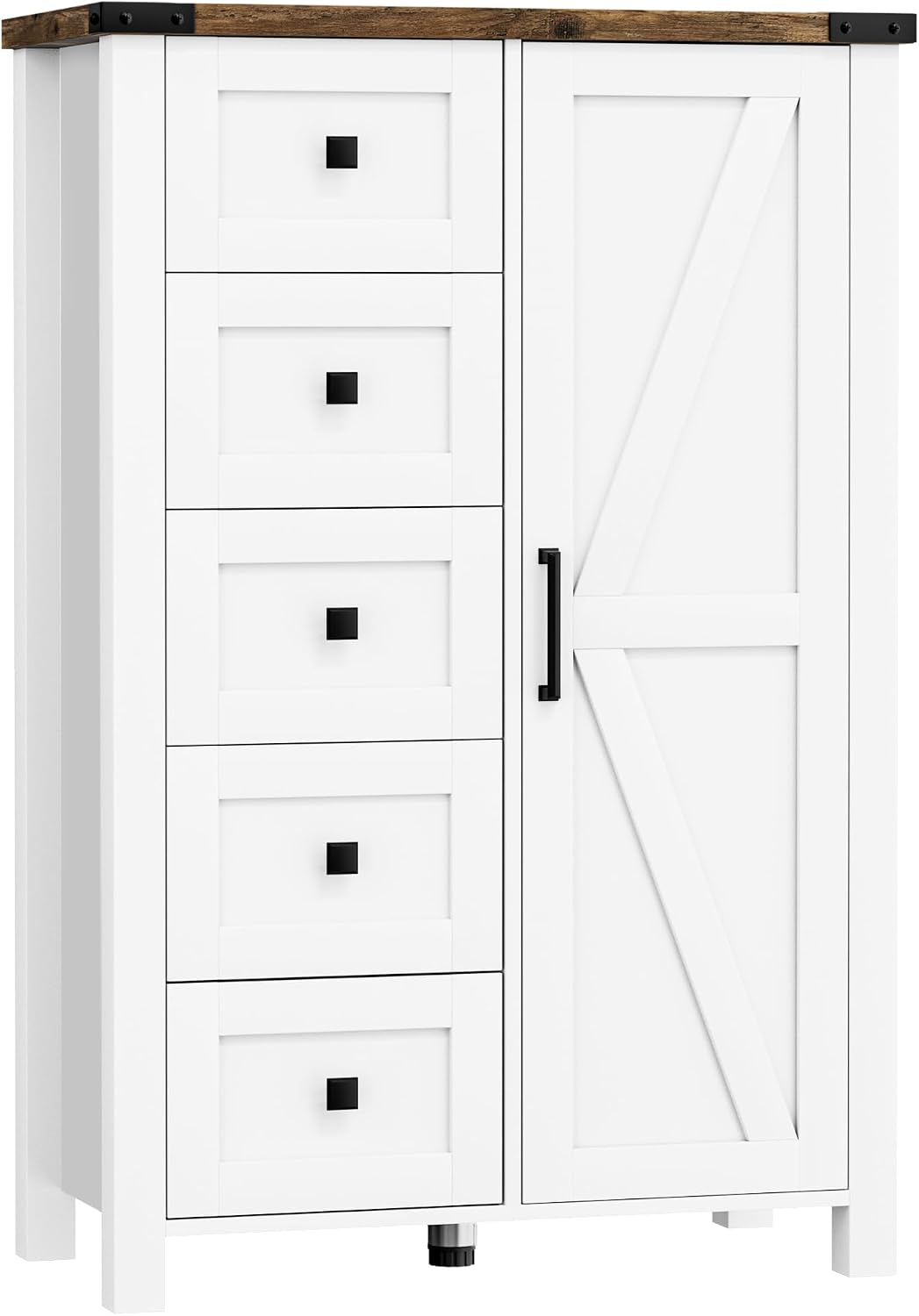 VVFLU Farmhouse Dresser Storage Cabinet Chest of Drawer for Bedroom, 5 Drawer Dresser with Barn Door, 48 Inch Tall White Wood Dresser, Adjustable Shelves, Rustic, for Living Room, Entryway, Hallway