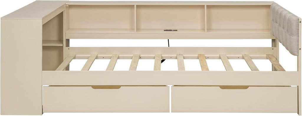 Bellemave Twin Size Corner Bed Frame with Storage Drawers and Desk,Captain Daybed with L-Shaped Bookcase,Corner Bed Frame Twin Size with Charging Station for Kids,Teens,Guests,Cream