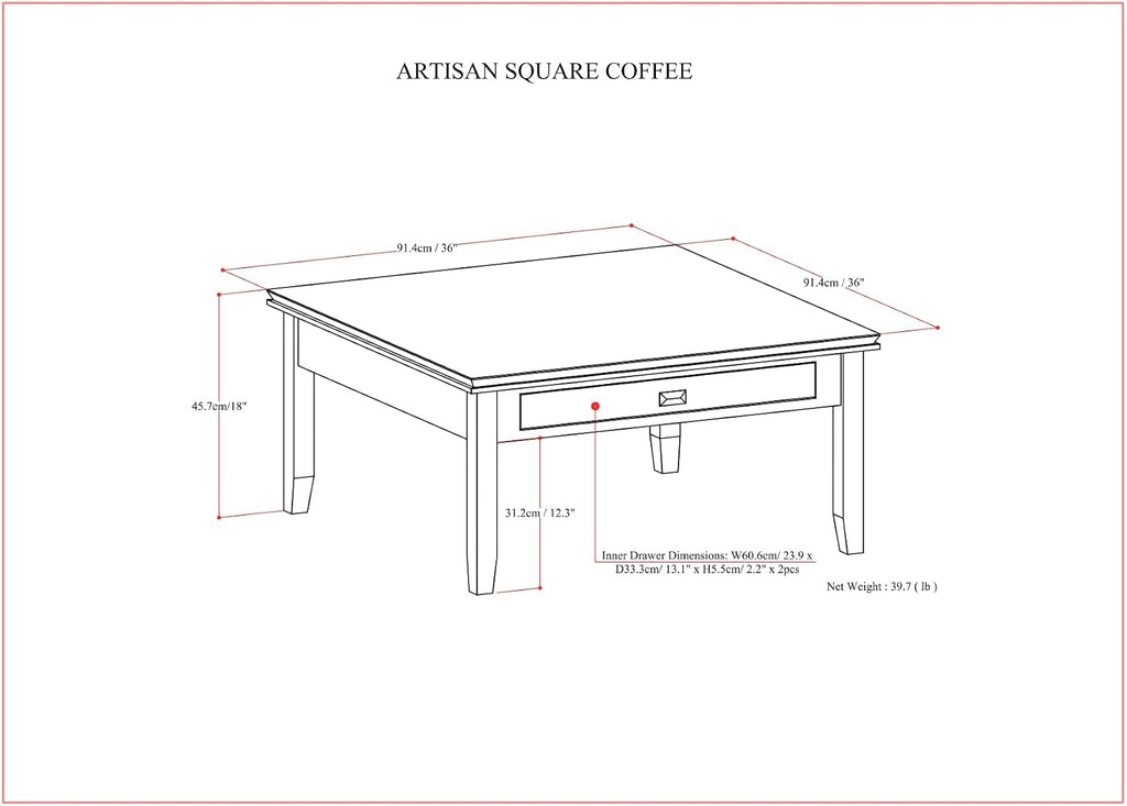 SIMPLIHOME Artisan Square Coffee Table - 36 inch Wide Solid Wood Transitional Cocktail Table in Russet Brown, Classic Living Room Table with Slatted Open Shelf and Contemporary Framed Top Design