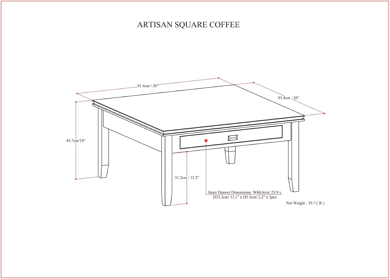 SIMPLIHOME Artisan Square Coffee Table - 36 inch Wide Solid Wood Transitional Cocktail Table in Russet Brown, Classic Living Room Table with Slatted Open Shelf and Contemporary Framed Top Design