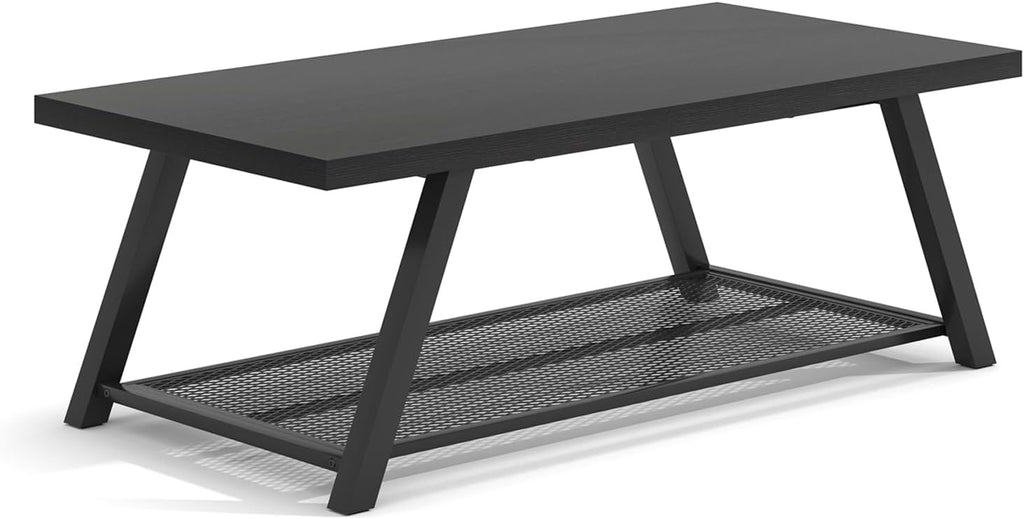FOLUBAN Black Coffee Table with Storage, Modern Rustic Wood and Metal Coffee Tables for Living Room, 2-Tier Industrial Rectangle Cocktail Tea Table, 47 Inch