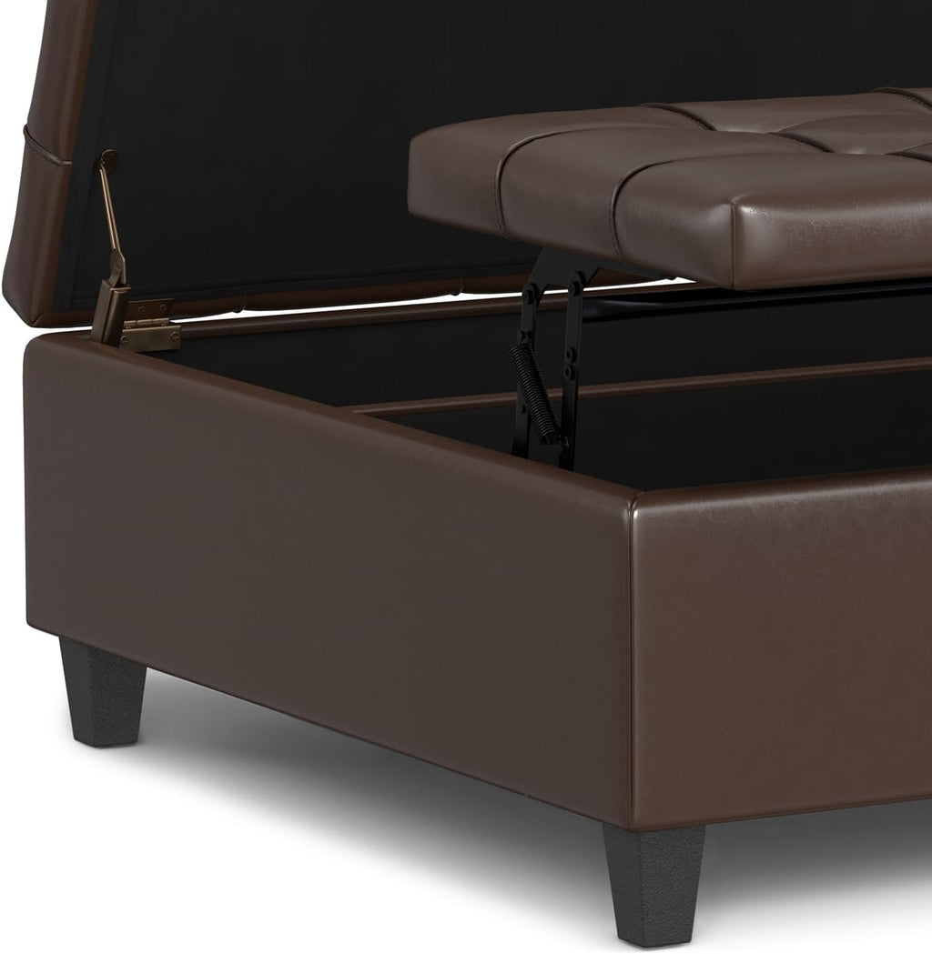 SIMPLIHOME Harrison Large Coffee Table Storage Ottoman - 40 inch Wide Upholstered Vegan Leather Square Lift-Top Ottoman in Chocolate Brown, Transitional Bench for Living Room with Sturdy Base
