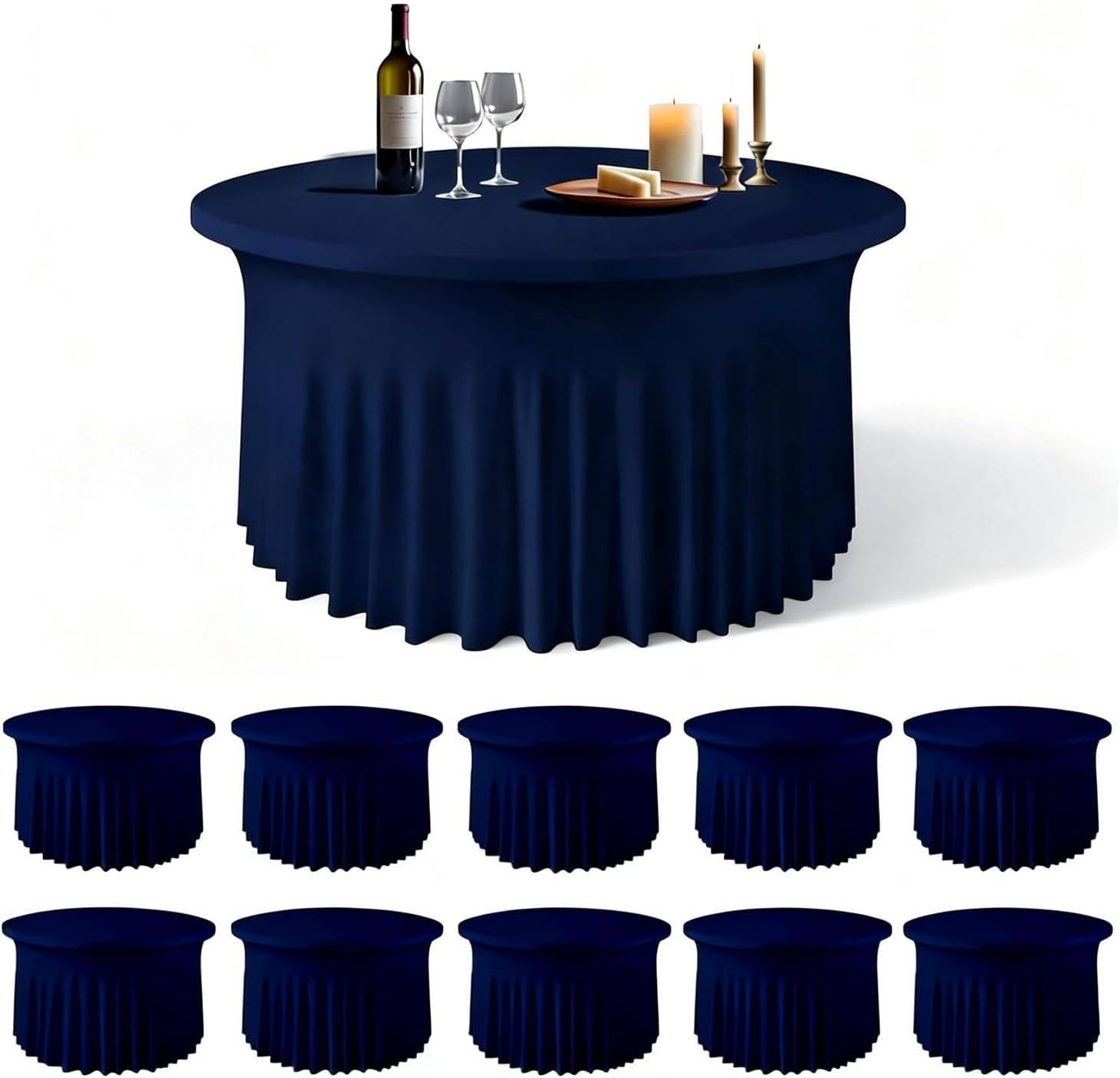 WJWHQ 10 Pack Navy Blue Round Spandex Tablecloths for 60in Tables, 120Inch Stretchy Fitted 5FT Round Table Clothes,Wrinkle Free Table Cover with Skirt for Wedding Party Dining Banquet