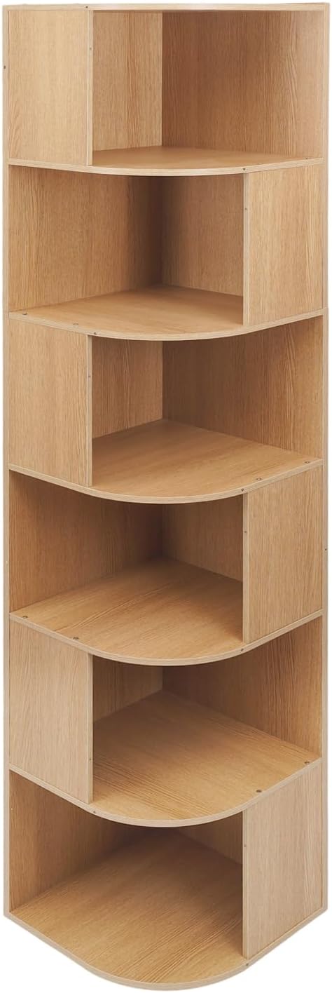 6 Tier Bookshelf Tower, 69.29'' Tall Floor-Standing Bookcase Display Cabinet, Wood Corner Book Shelf Organizer, Standing Bookshelf for Bedroom, Living Room, Study Room (Log Color)