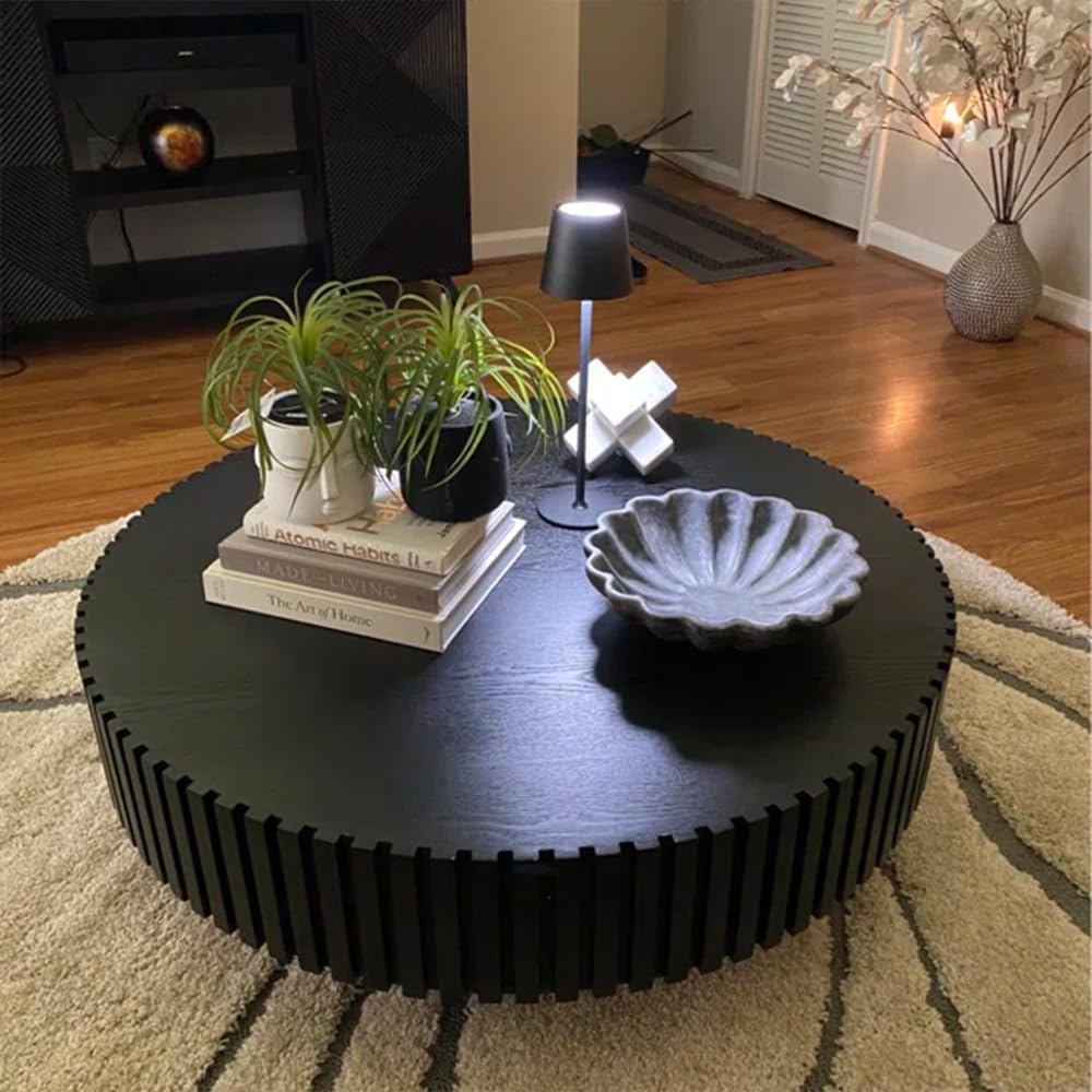 35.43'' Black Round Coffee Table Modern Wood Coffee Table for Living Room, Contemporary Circle Fluted Drum Pedestal Style, Easy Assembly, Black (ø35.43'' x 13.77'')