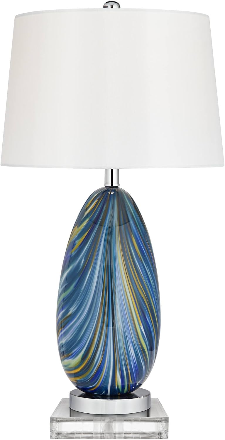 Possini Euro Design Pablo Modern Style Table Lamp with Clear Square Riser 28.5' Tall Multi Blue Art Glass White Drum Shade for Living Room Bedroom House Bedside Nightstand Home (Color May Vary)