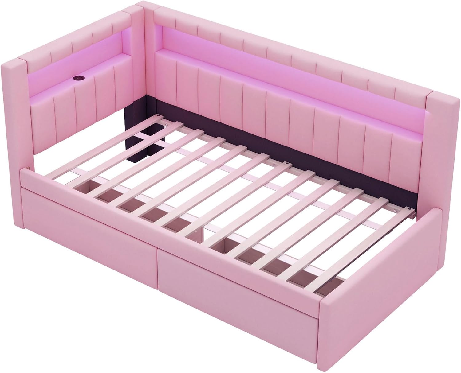 Twin Size Upholstered Daybed with Storage Drawers and LED, USB-Ports, L-Shaped Corner Unit Sofa Day Bed Frame with Storage Bookshelf, Girls, Kids, Adults, Boys, Pink