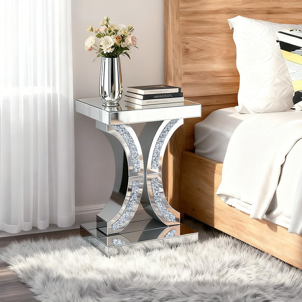 Crushed Diamond C-Shaped Mirrored End Table, Silver Side Accent Table, Small Mirrored Coffee Table for Living Room, Bedroom, 16'x12'x23'