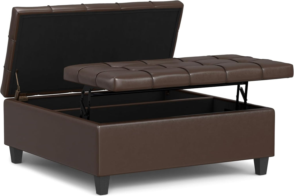 SIMPLIHOME Harrison Large Coffee Table Storage Ottoman - 40 inch Wide Upholstered Vegan Leather Square Lift-Top Ottoman in Chocolate Brown, Transitional Bench for Living Room with Sturdy Base