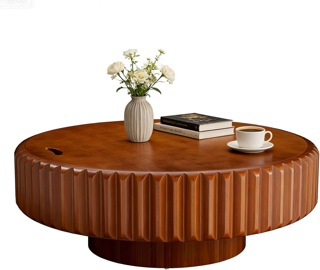 Drum Coffee Table with Hidden Storage, Modern Round Coffee Table for Living Room Circle Center Table with Solid Wood Fluted Veneered, Accent Tea Table for Small Space Apartment (Walnut 39.37 inch)