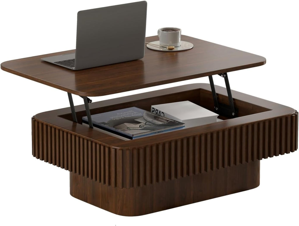 Lift Top Coffee Table for Living Room,Rectangle Handmade Solid Wood Strips, Fluted Coffee Table with Hidden Storage Compartment Small Space Office Apartment (38.6' L×26.8''W×13.8''H-Walnut)