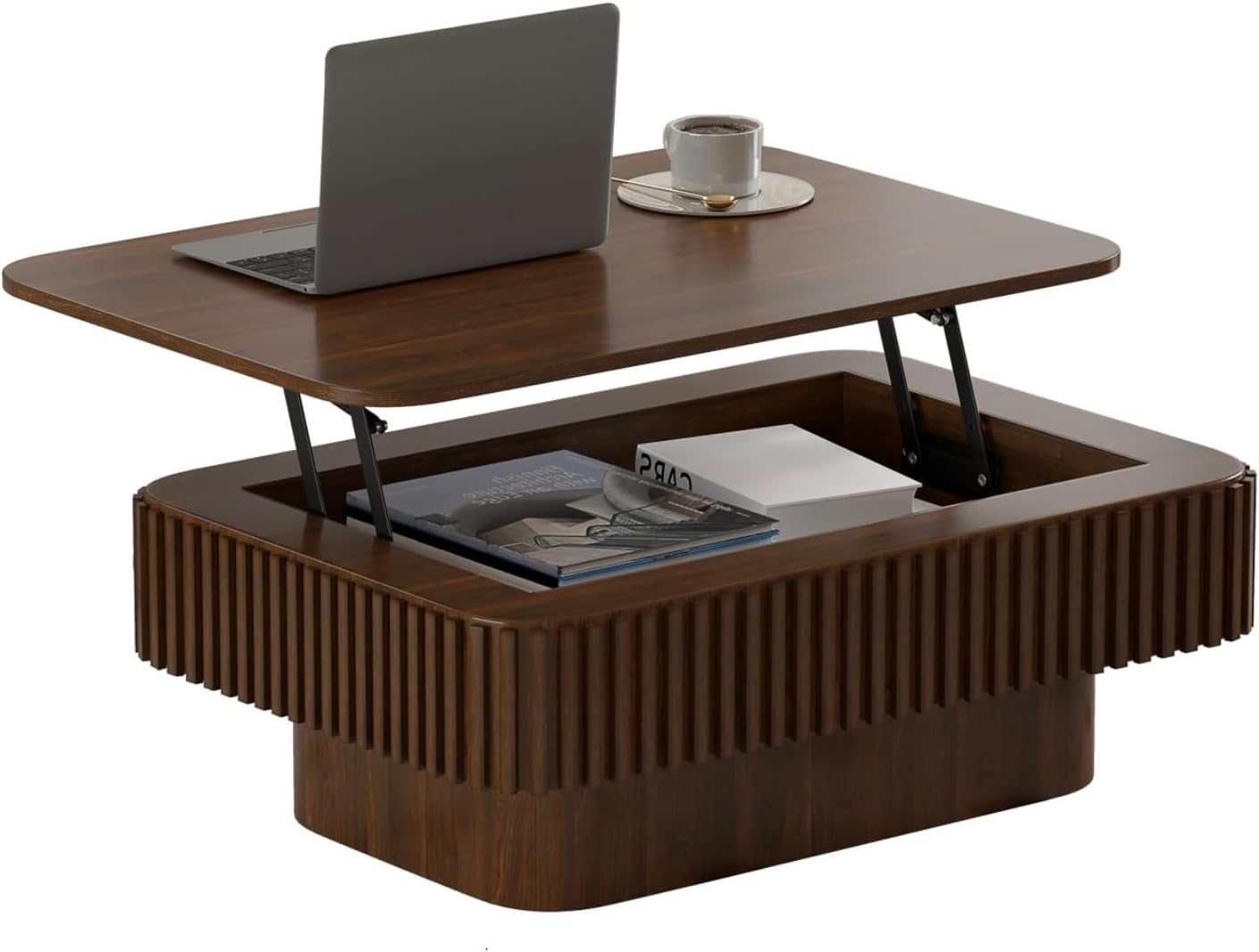 Lift Top Coffee Table for Living Room,Rectangle Handmade Solid Wood Strips, Fluted Coffee Table with Hidden Storage Compartment Small Space Office Apartment (38.6' L×26.8''W×13.8''H-Walnut)