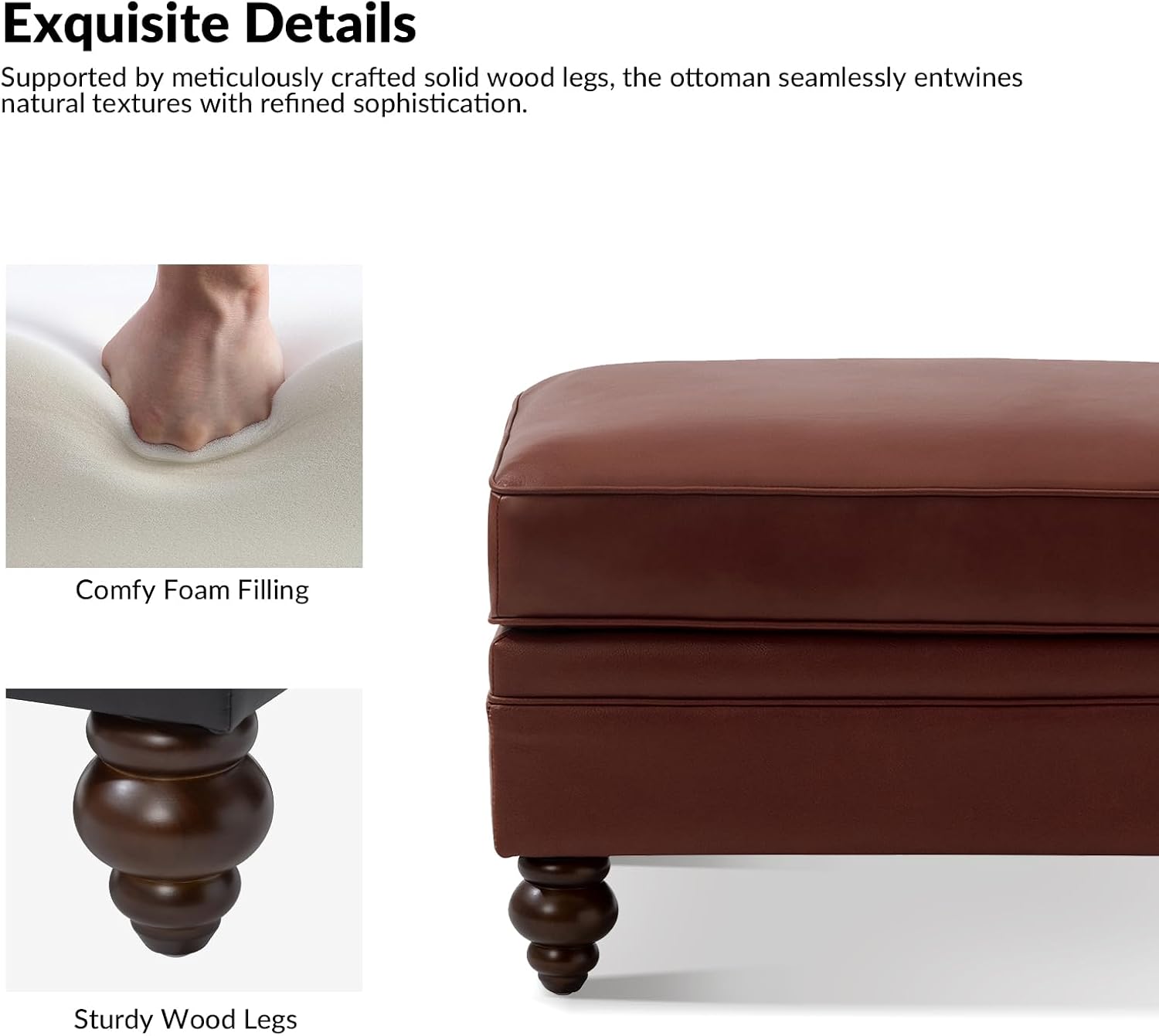 HULALA HOME Genuine Leather Ottoman Coffee Table, Ottoman Foot Rest for Living Room, Brown