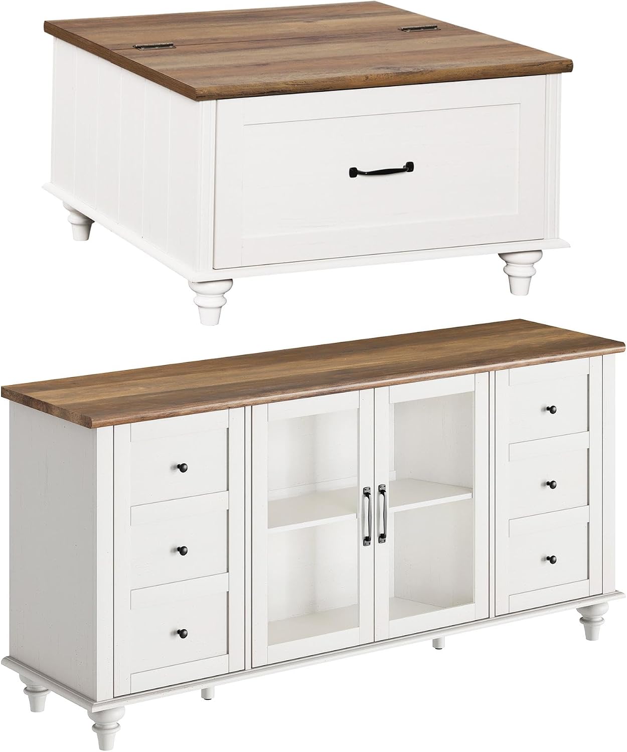 WAMPAT Farmhouse TV Stand and Coffee Table Set of 2, Square Coffee Table with Lift Top & Drawer, White Entertainment Center for 70 Inch TV, 2 Piece Living Room Table Set, White