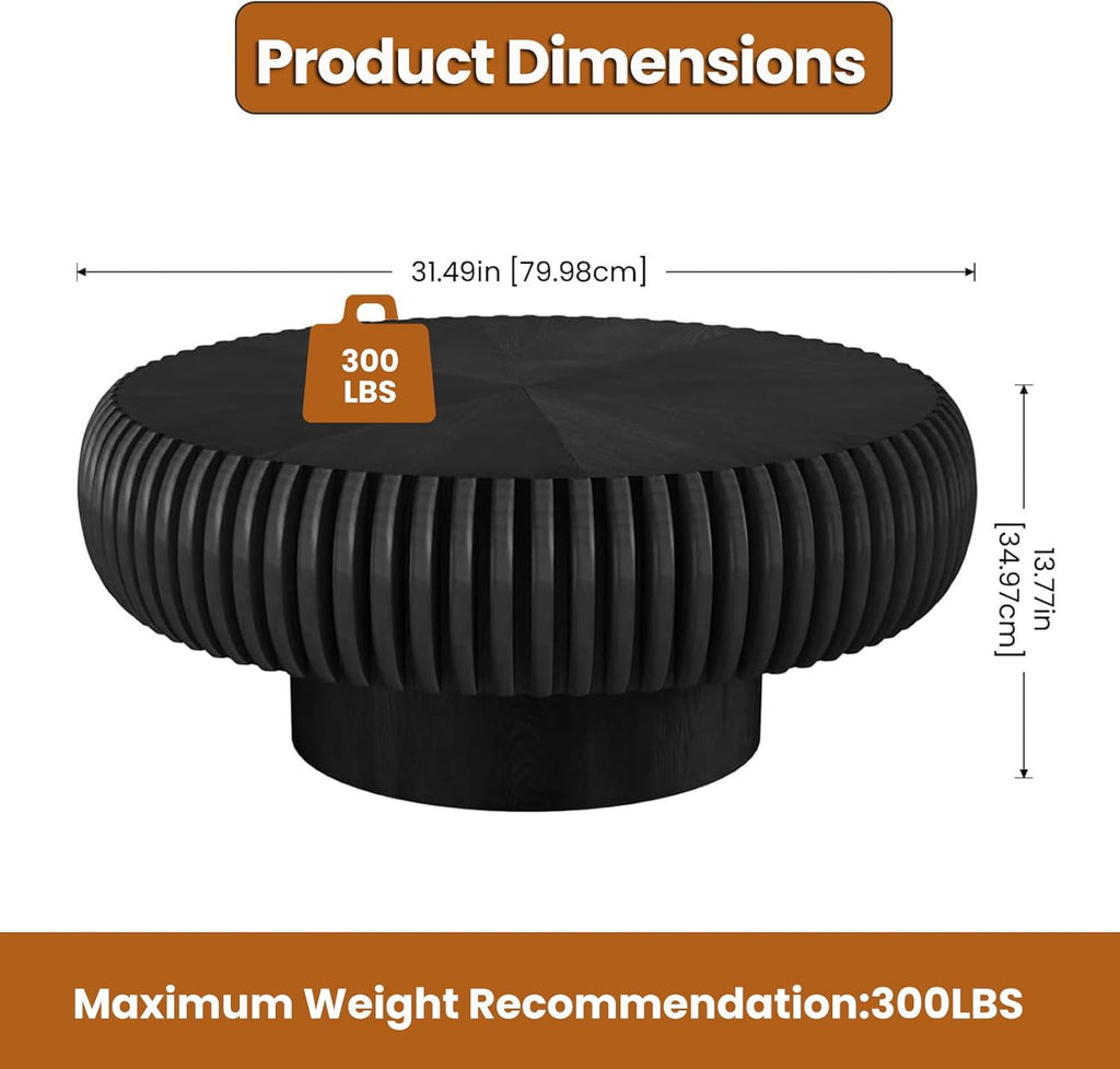 Round Drum Coffee Table with Sturdy Pedestal, Modern Wooden Fluted Coffee Table, Circle Center Table Accent Tea Table for Living Room Apartment Office Reception Room (Black D31.5)
