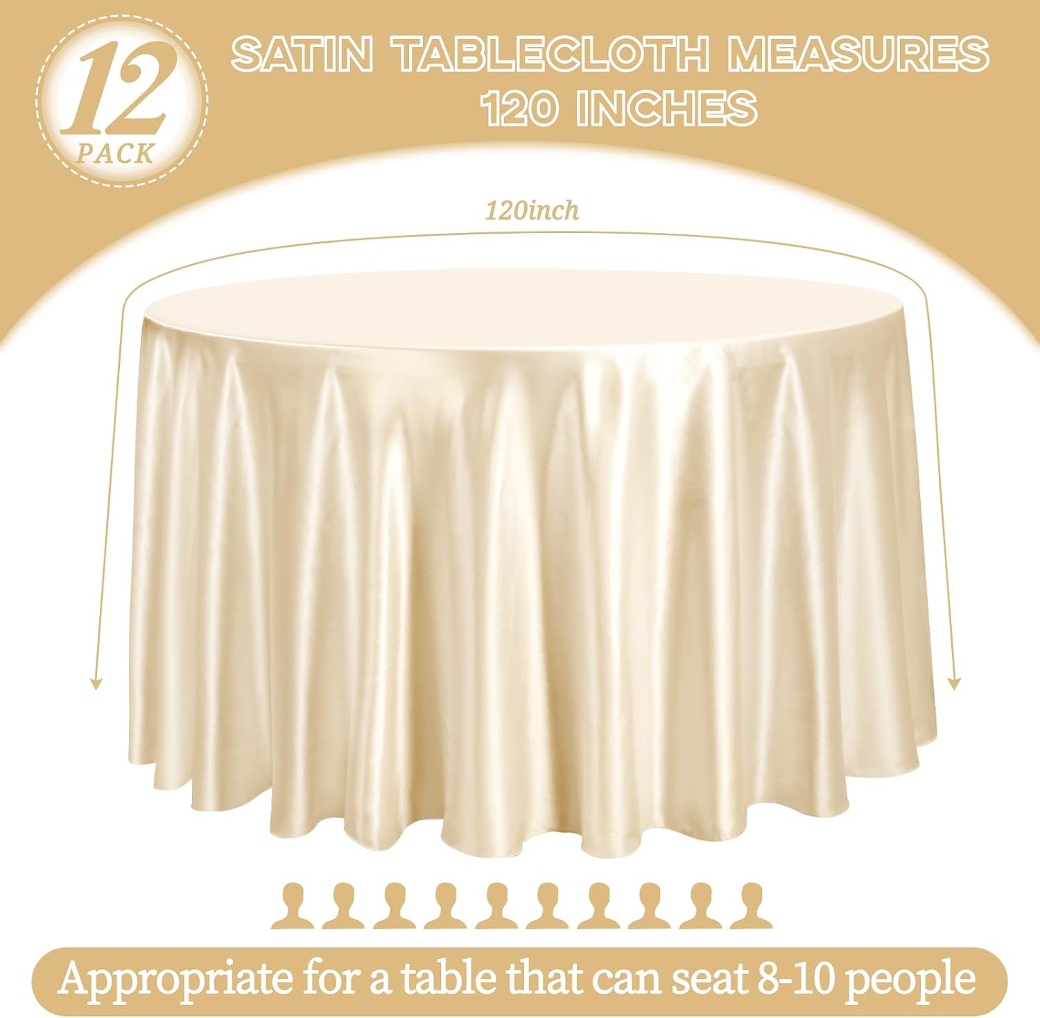 fani 12 Pack 120 Inch Champagne Satin Tablecloth - Premium Bright Silky Round Tablecloth Overlay Smooth Fabric Table Cover, Table Decoration for Wedding Party Banquet Events Restaurant Kitchen Dining