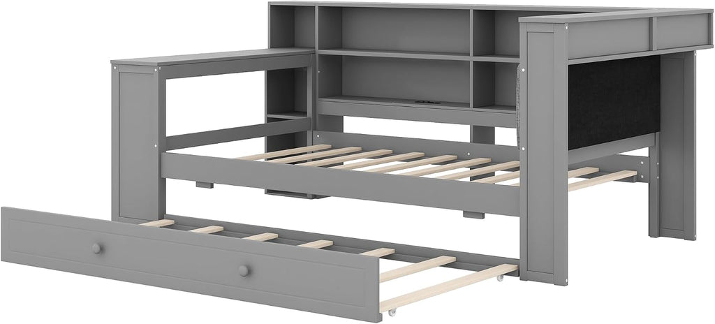LUMISOL Twin Size Corner Bed with Desk, Storage Bookcase, Charging Station and LED Lights, Solid Wood Daybed Frame with Trundle and Upholstered Headboard for Kids Teens Adults, Gray