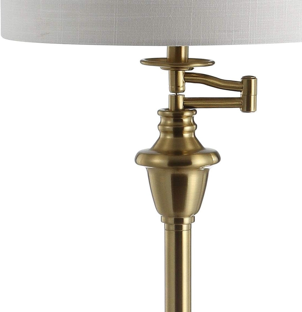 JONATHAN Y 60' Brass Gold Floor Lamp with Integrated Glass Side Table, Modern Swing Arm Standing Lamp for Living Room, White Linen Shade, LED Bulb Included JYL3055A