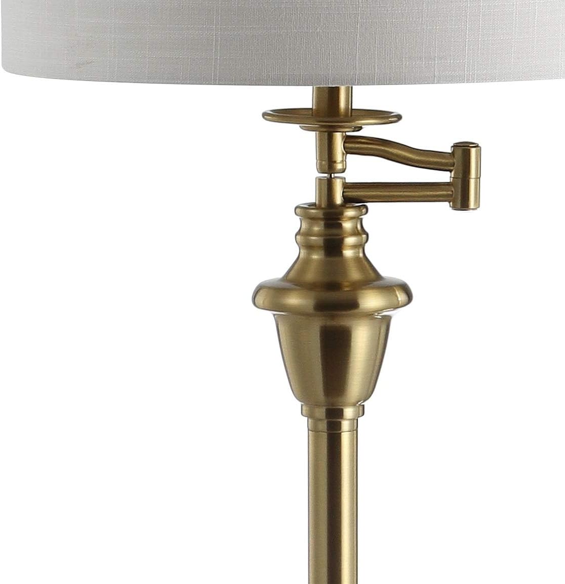 JONATHAN Y 60' Brass Gold Floor Lamp with Integrated Glass Side Table, Modern Swing Arm Standing Lamp for Living Room, White Linen Shade, LED Bulb Included JYL3055A