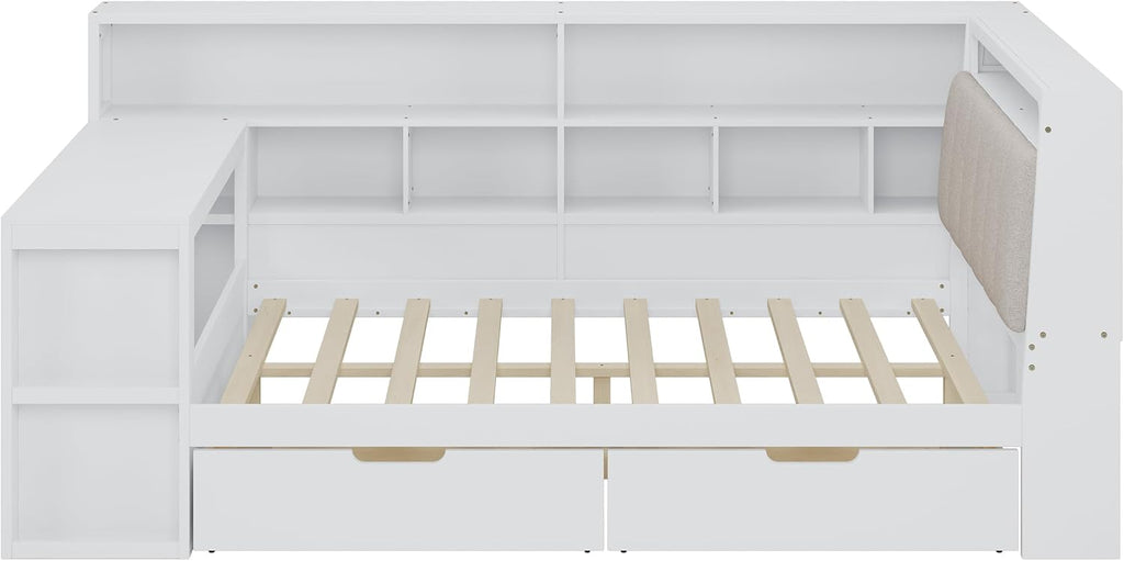 Multi-Functional Full Size Daybed with Storage Shelves and Study Desk, Wood Corner Bed Frame with Upholstered Headboard and 2 Drawers for Office Living Room Bedroom, Space-saving (White-G8, Full)