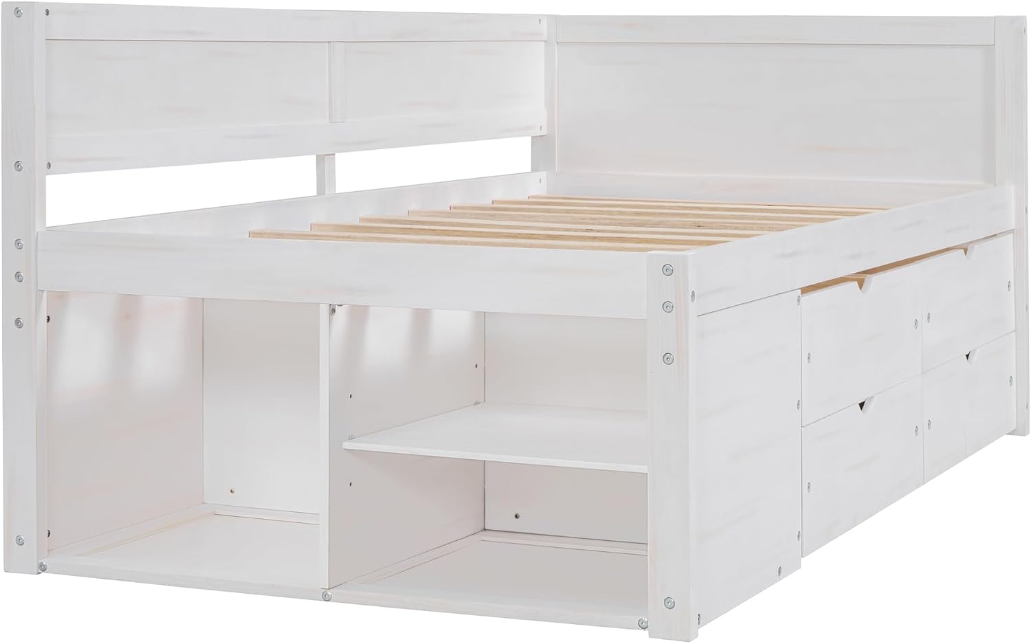 Twin Size White Daybed with Storage Drawers and Shelves,Wooden L-Shaped Corner Day Bed with Headboard & Bookcase for Boys,Girls,Small Room, Guest Room, kids'Room