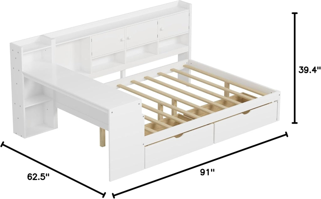 Mirightone Full Bed Frames with Storage, L-Shaped Corner Beds with Desk, Wood Daybed with Bookcase, Platform Beds with Drawers and Shelves for Living Room, Bedroom, Teens Room, White