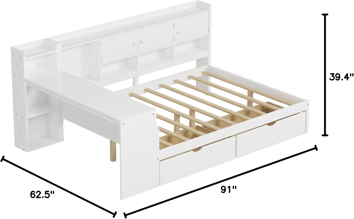 Mirightone Full Bed Frames with Storage, L-Shaped Corner Beds with Desk, Wood Daybed with Bookcase, Platform Beds with Drawers and Shelves for Living Room, Bedroom, Teens Room, White