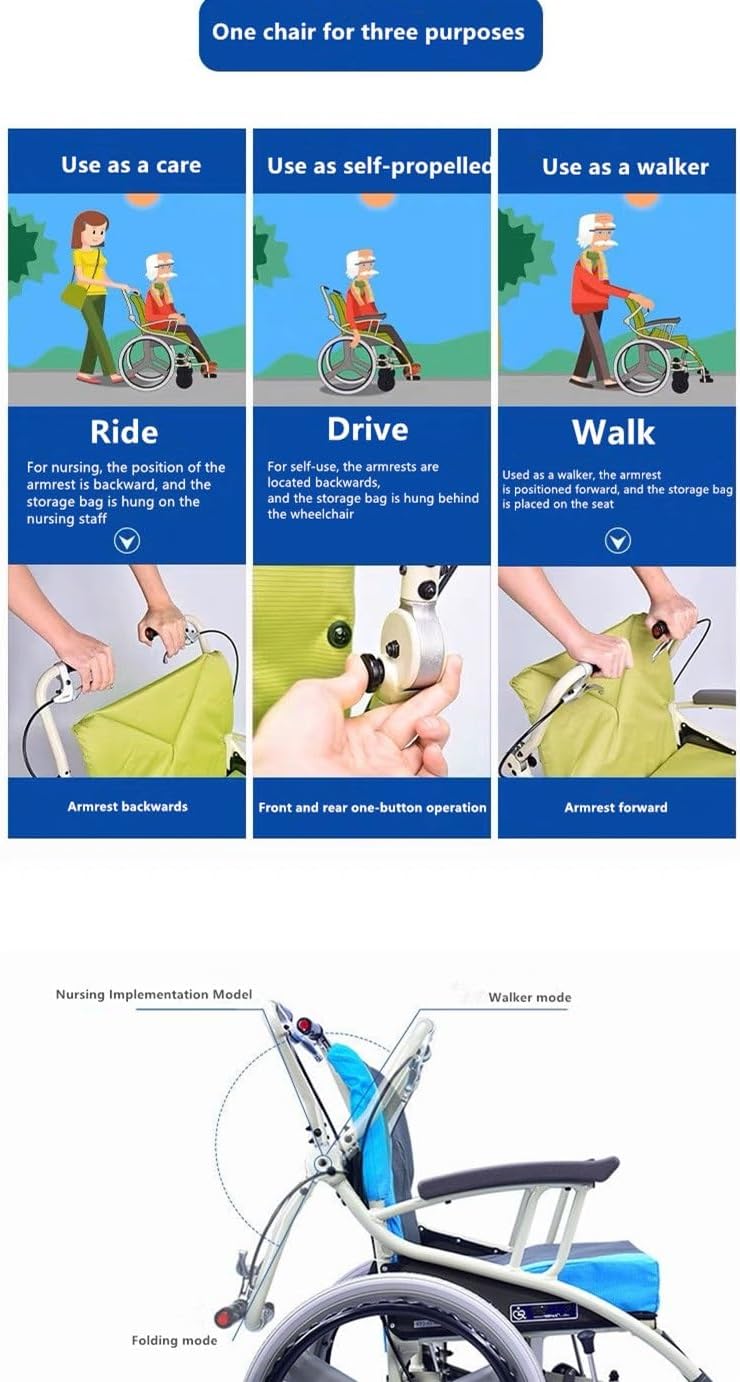 Manual Lightweight Aluminum Alloy wheelchairs, Folding wheelchairs, Multifunctional Scooter, Trolley, self-propelled Wheelchair, paralyzed Walker for The Elderly and Disabled (Color : A, Size : 45cm