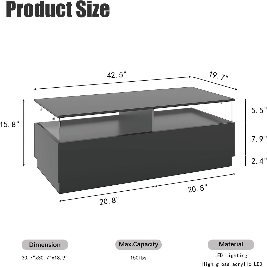 HedoAjim Rectangular Coffee Tables with Storages, Modern Black Coffee Table for Living Room, Rectangular Coffee Tables and 2 Spacious Drawers, Coffee Table with LED Light