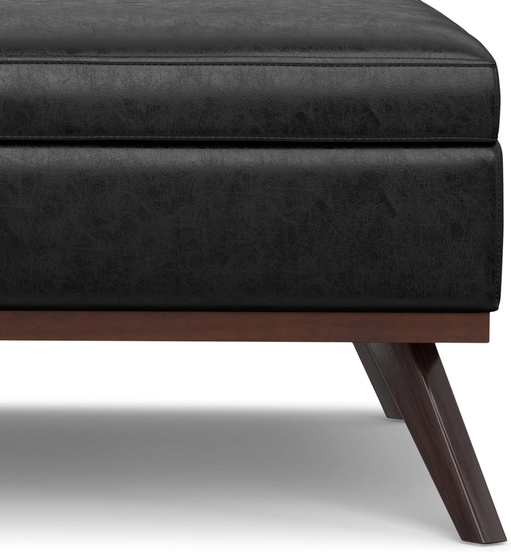 SIMPLIHOME Owen XL Square Coffee Table Storage Ottoman - 40 inch Wide Upholstered Vegan Leather Lift-Top Ottoman in Distressed Black, Mid-Century Modern Ottoman for Living Room with Ample Storage