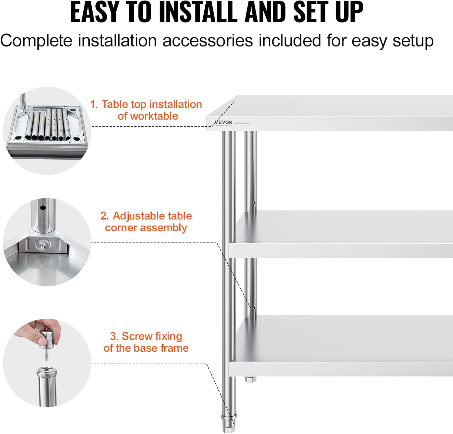 VEVOR Stainless Steel Food Prep Table, 18 x 48 x 34 Inch Commercial Kitchen Worktable, with 2 Adjustable Undershelf, Heavy Duty Prep Tables Metal Work Table for BBQ, Kitchen, Home, and Garage