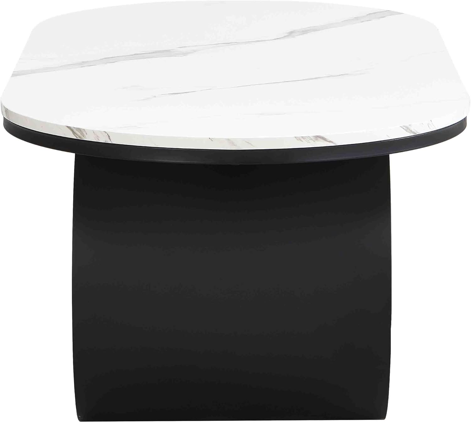 Luxury Faux Marble Oval Coffee Table, 47'' Modern Living Room Table with Storage Drawer, Wooden White MDF Top & Black Metal Base, Large Center Tables for Home Apartment