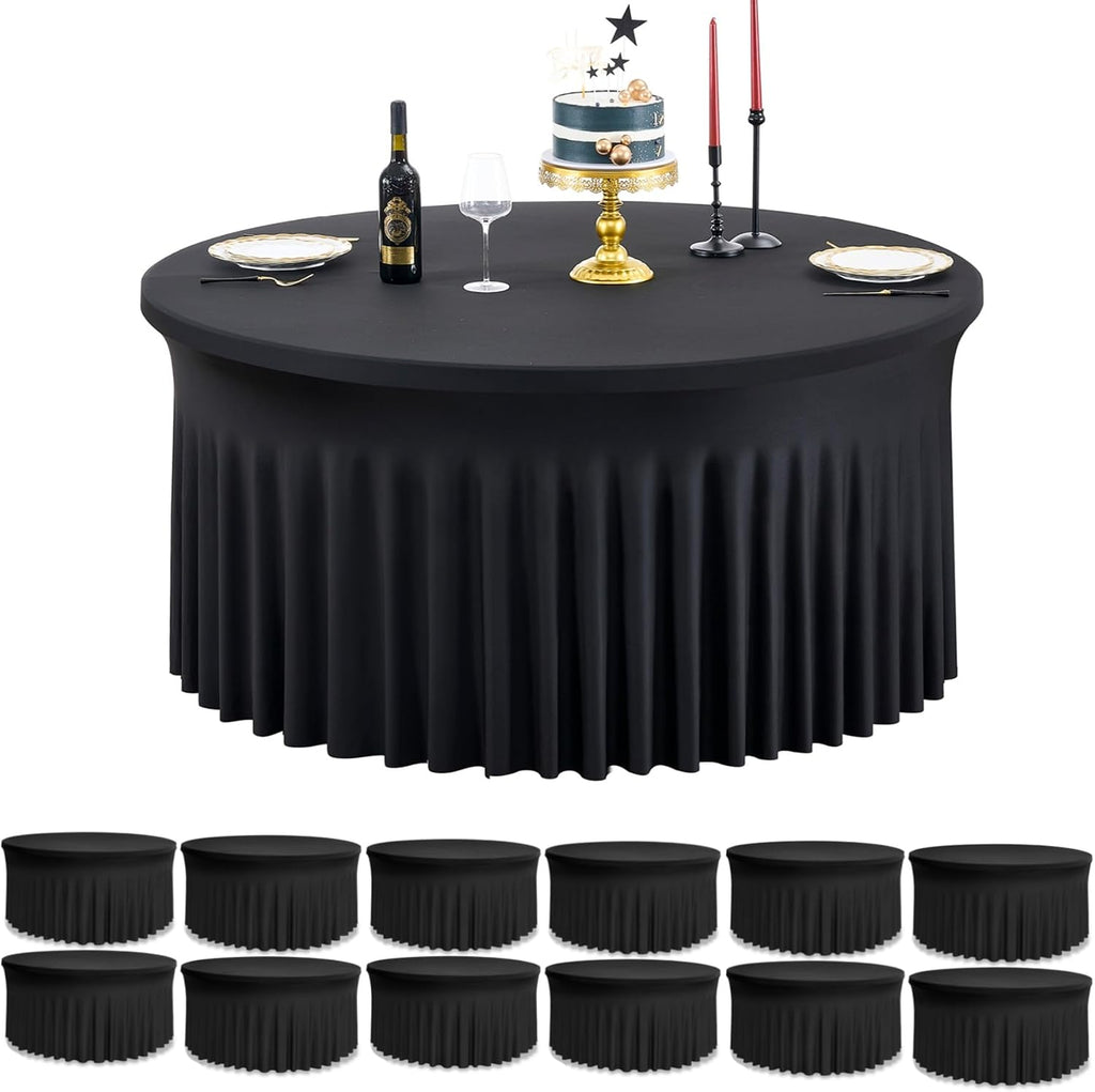 leegleri 12 Pack Spandex Black Round Tablecloths for 72in Table, Stretchy 132inch Fitted 6FT Round Table Cloths, Wrinkle Free Table Cover with Skirt for Wedding Birthday Party Bridal Shower Banquet