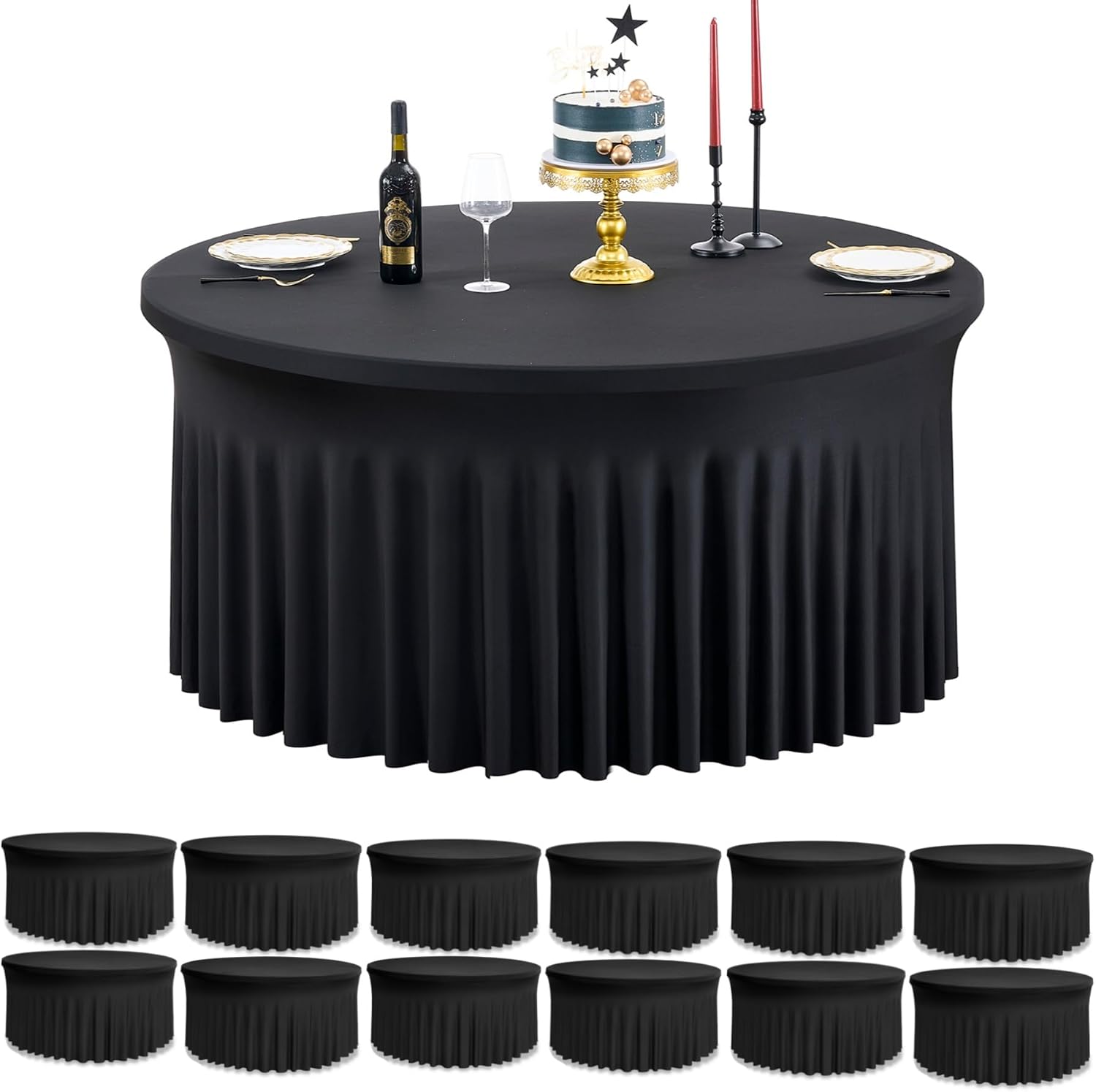 leegleri 12 Pack Spandex Black Round Tablecloths for 72in Table, Stretchy 132inch Fitted 6FT Round Table Cloths, Wrinkle Free Table Cover with Skirt for Wedding Birthday Party Bridal Shower Banquet